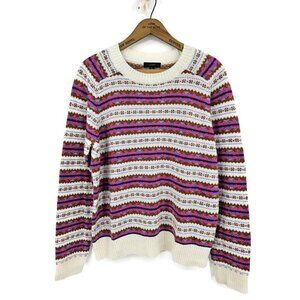 New J Crew Shrunken Fair Isle Sweater Womens XL Ivory Fuchsia Wool Blend